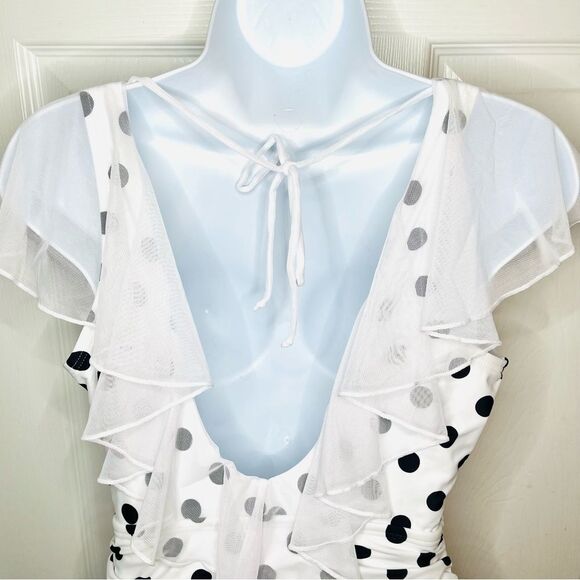 Unique Vintage Polka Dot Ruffle Sheath Swimsuit Mesh Ruffle Black White M NWT - Picture 9 of 11